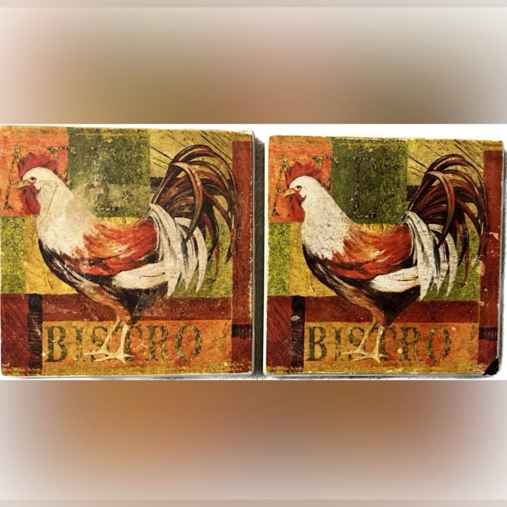 Rooster Motif Coaster Bistro Chicken Absorbent Stone Cork Back Set Of 2